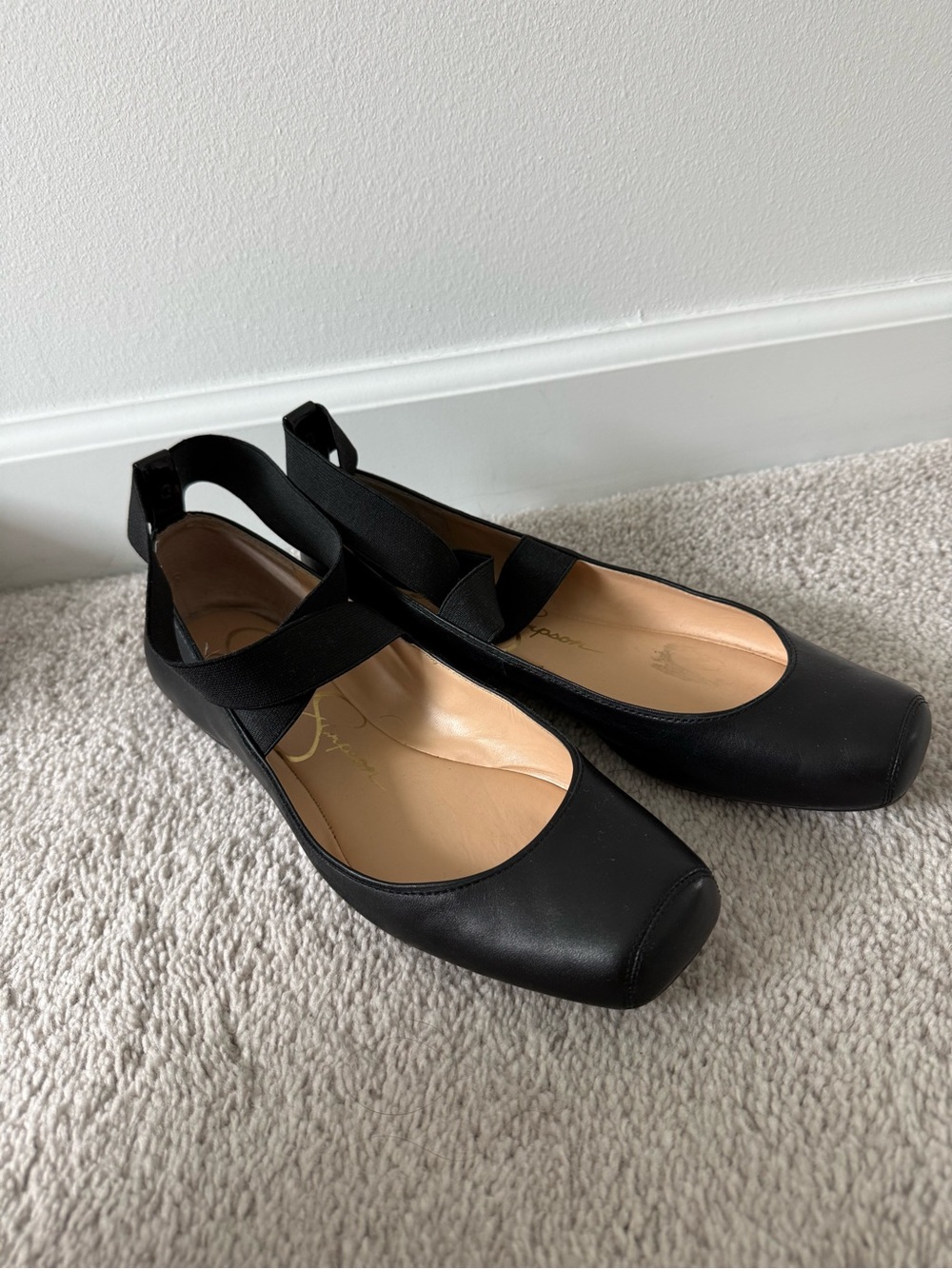 Jessica Simpson Black Leather Square-Toe Criss Cross  Flats
